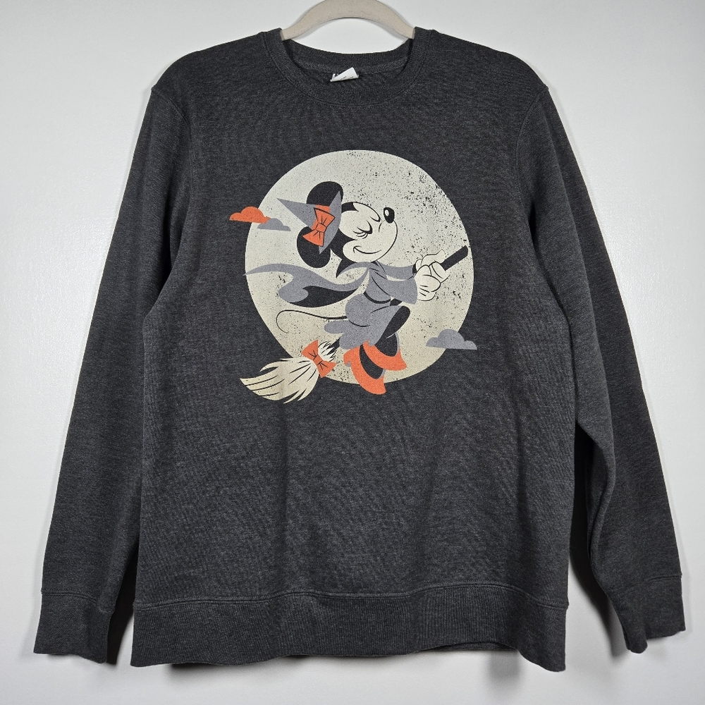 Disney Minnie Mouse Flying Witch Halloween Gray Crew Neck Sweatshirt Size Medium